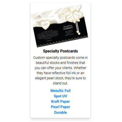 specialty post card, printer, foil, pearl, waterloo