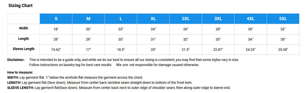 T-Shirt Size Chart Gildan 500